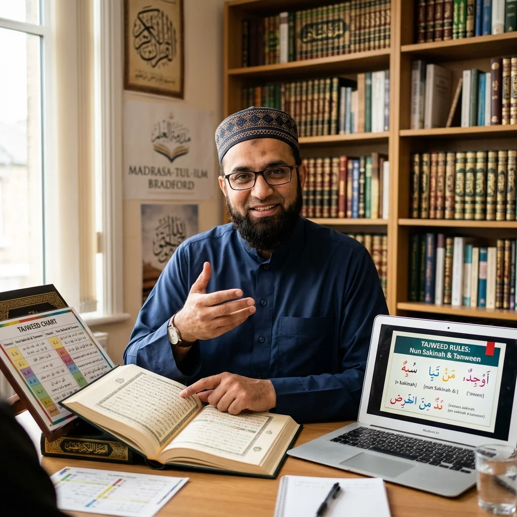 Certified Quran teacher explaining Tajweed recitation rules