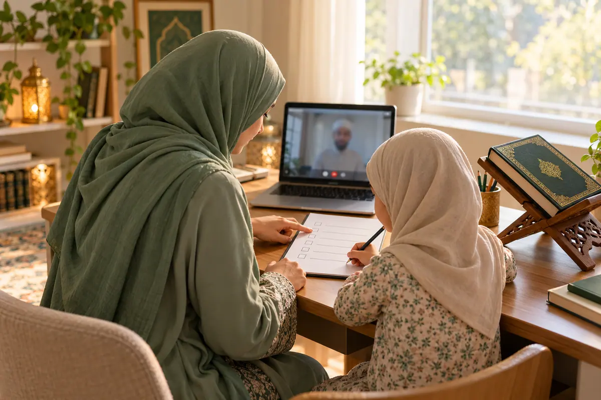 Mother and daughter reviewing a lesson checklist beside a laptop at a sunlit home desk