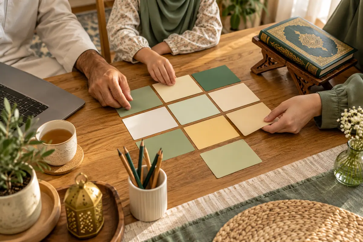 Family arranging blank weekly planning cards on a table beside a laptop and study book
