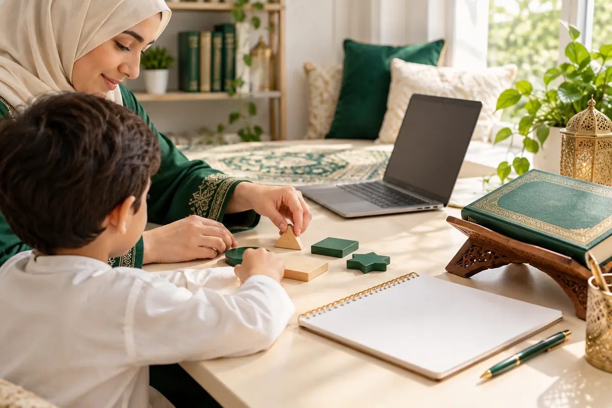 Mother supporting a child with simple learning shapes beside a blank practice notebook