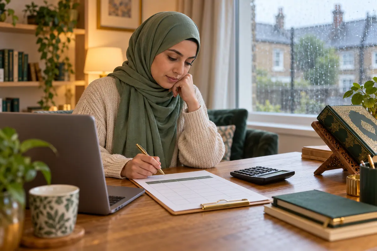 Woman comparing lesson options with a blank checklist and calculator at a quiet home desk