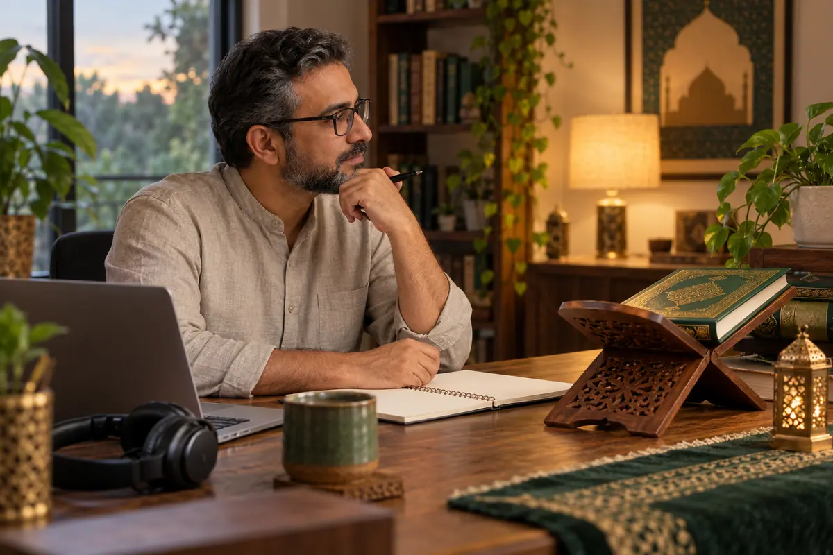 Adult learner planning a return to study beside a laptop, notebook and wooden book stand