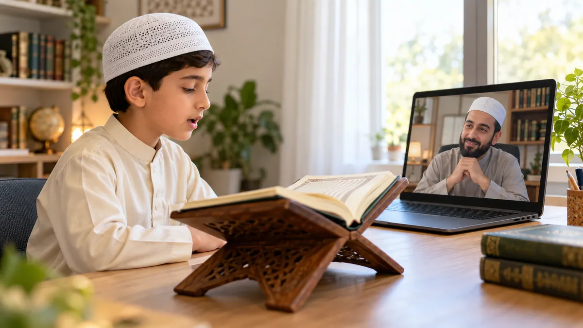 Boy reciting Quran from a wooden book stand while a male teacher listens during an online Tajweed lesson