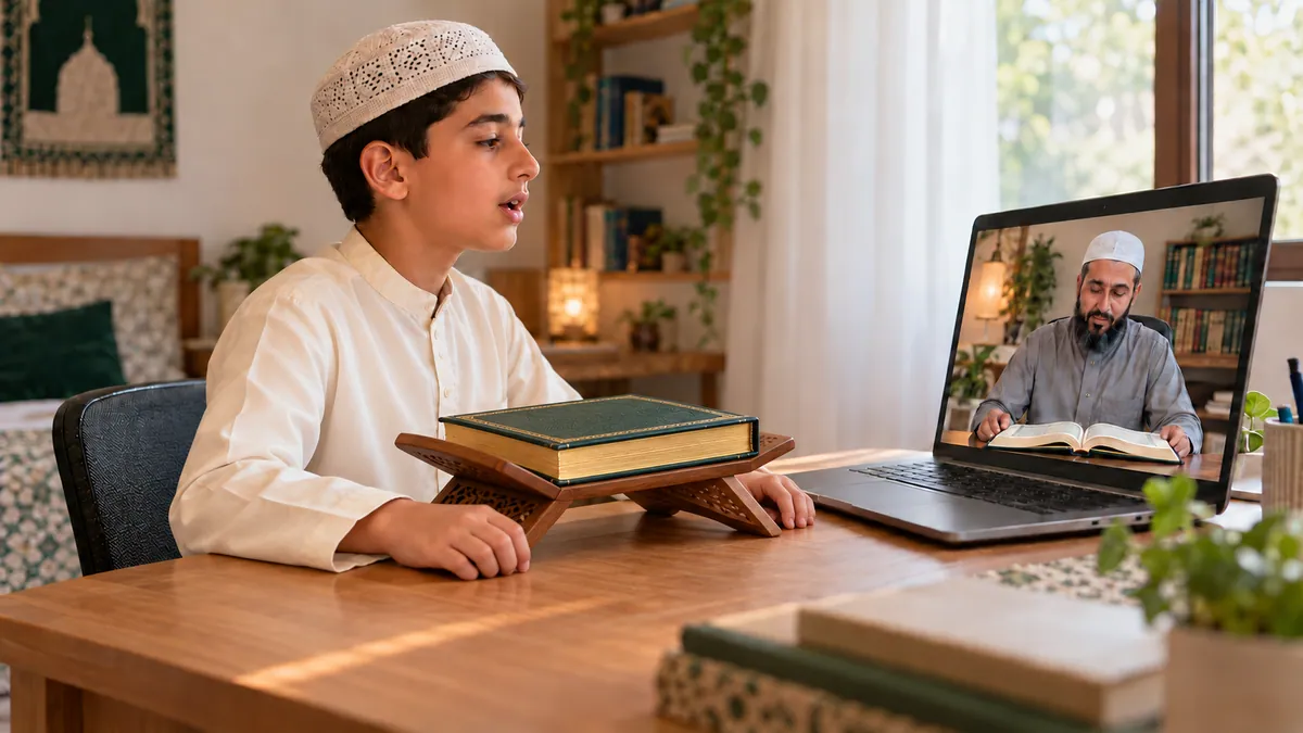 Boy reciting Quran from memory to an online teacher, with a closed Quran on a wooden rehal directly in front of him