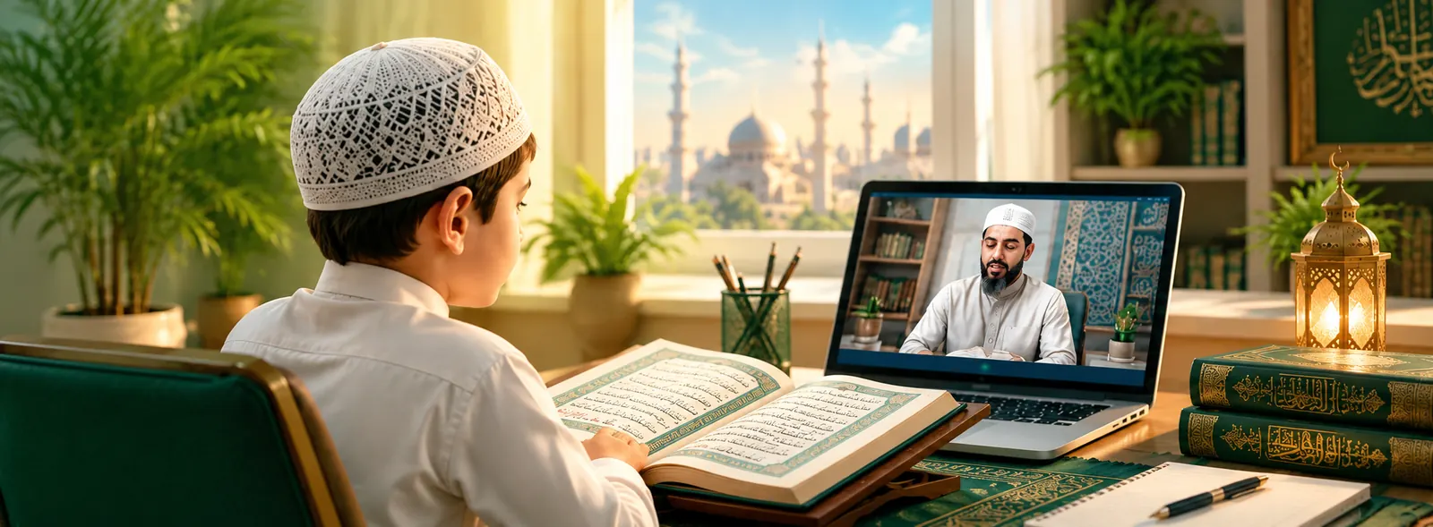 A boy reads the Quran at his desk while his teacher leads a live online lesson on a laptop