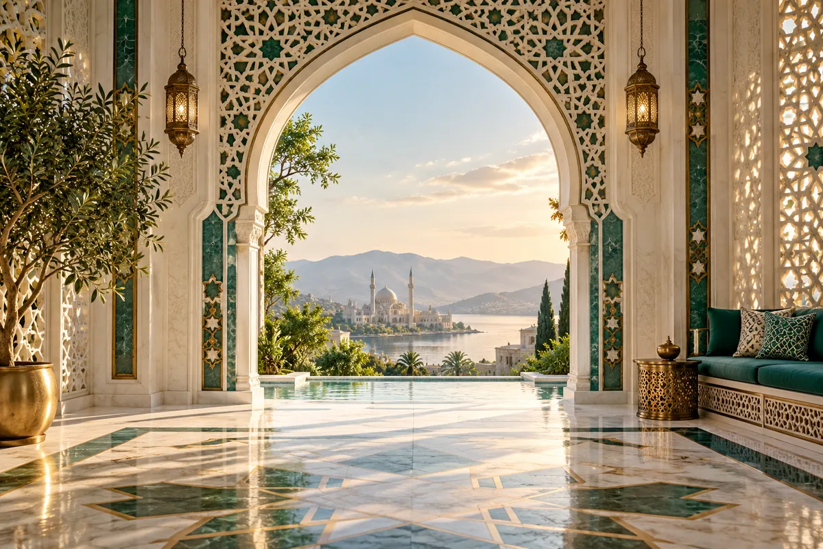 An illustrated Islamic geometric arch overlooking a peaceful courtyard