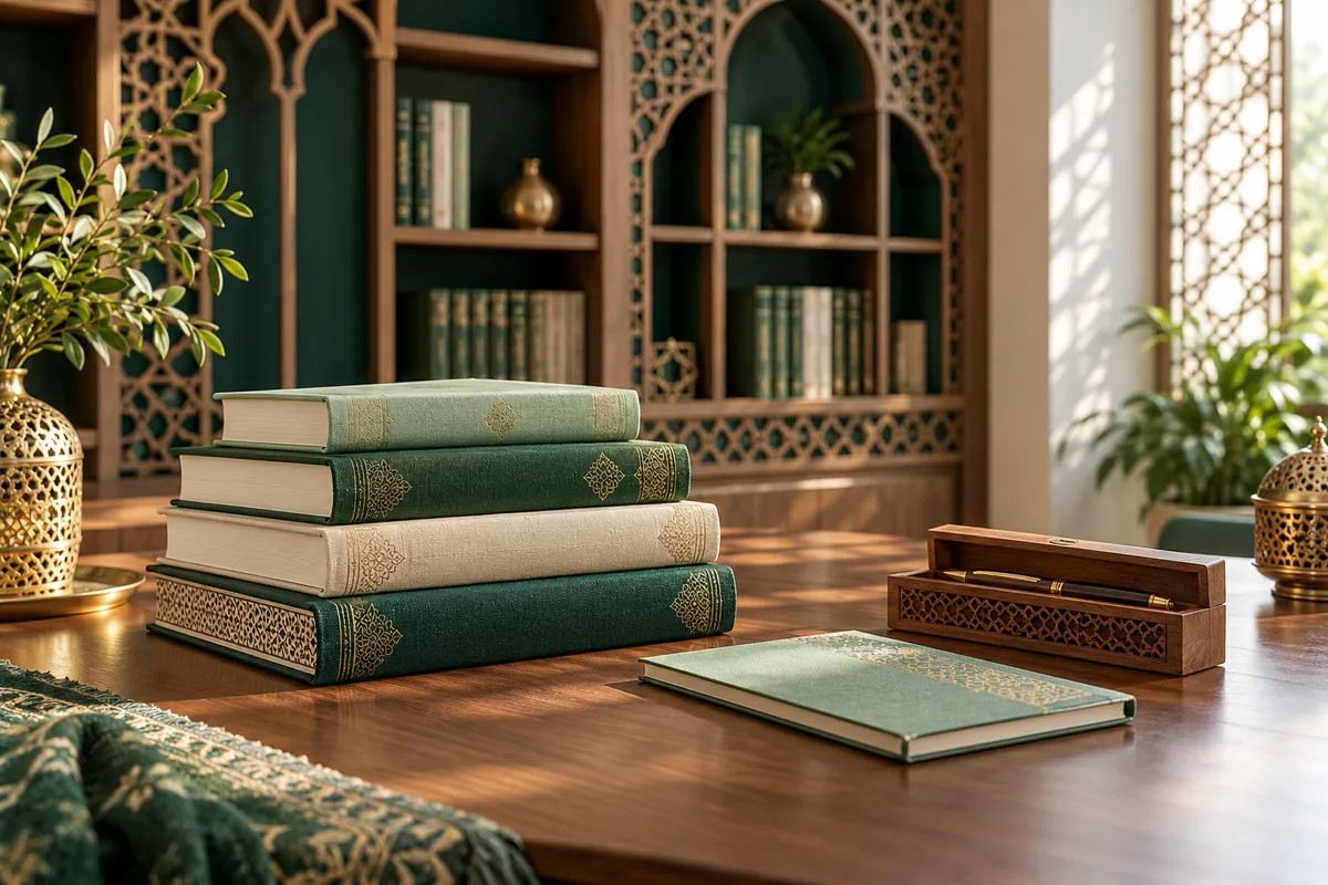 Islamic study books and a writing desk in an arched library
