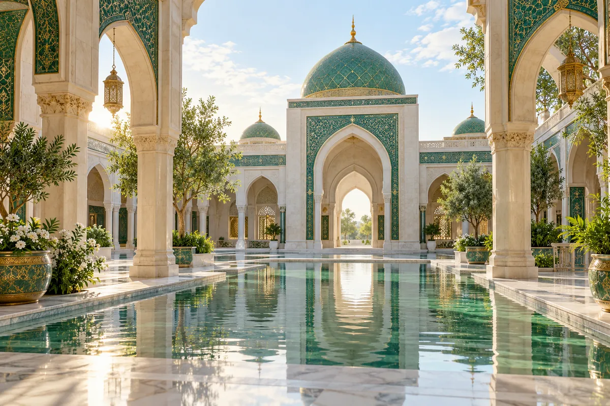 An illustrated mosque courtyard with arches and a reflecting pool