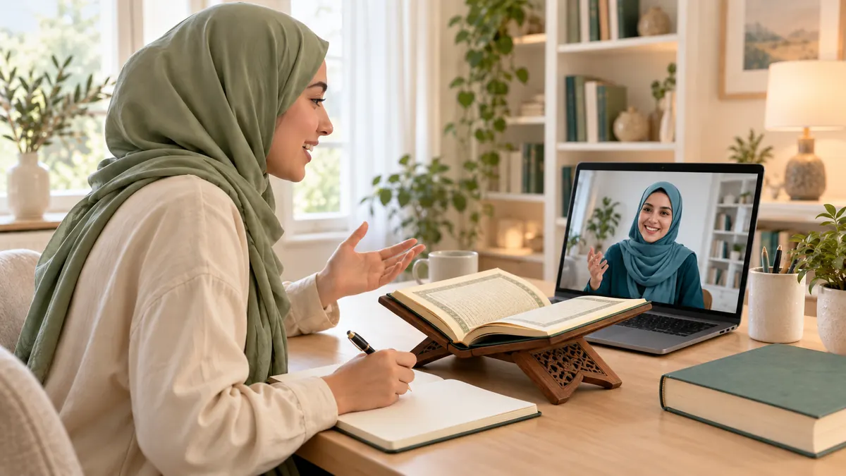 A woman studies the Quran at home while a female teacher guides her over a live video lesson