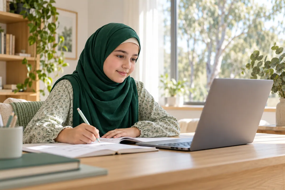 Young learner studying an Arabic workbook beside a laptop