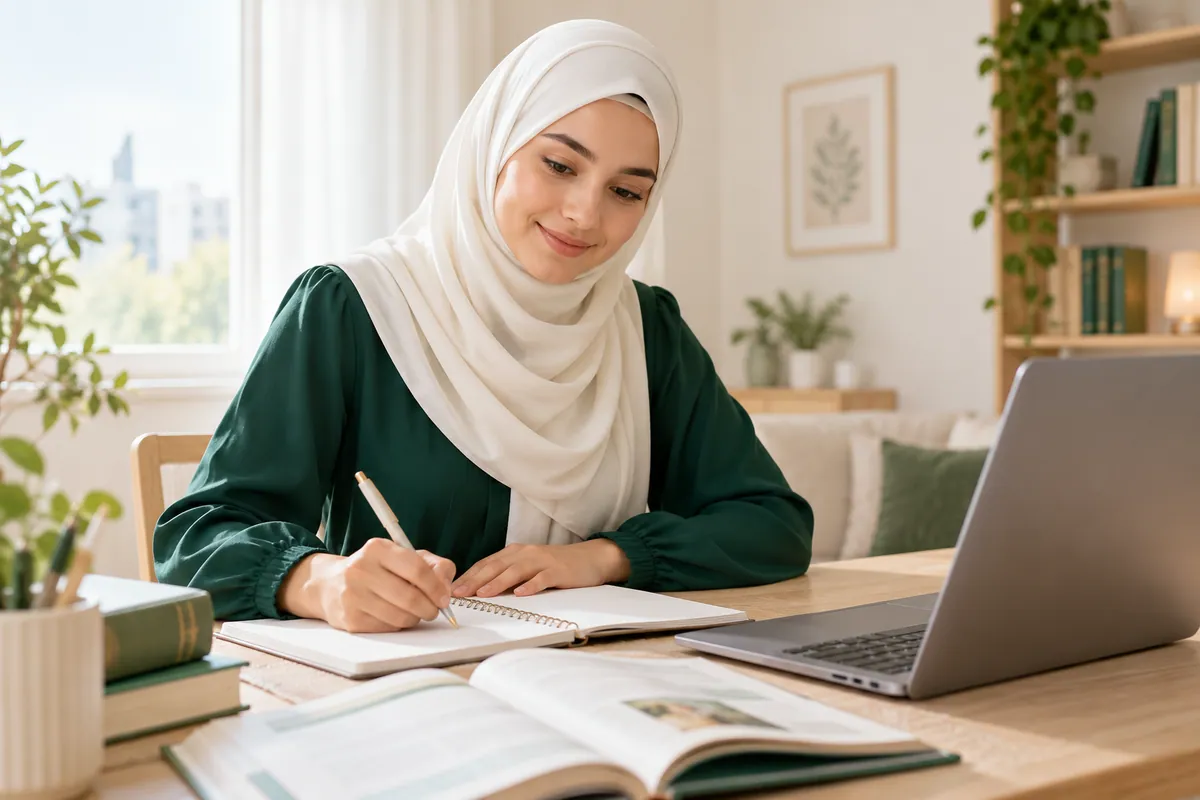 Adult beginner in a sage hijab studying a workbook during an online lesson at home