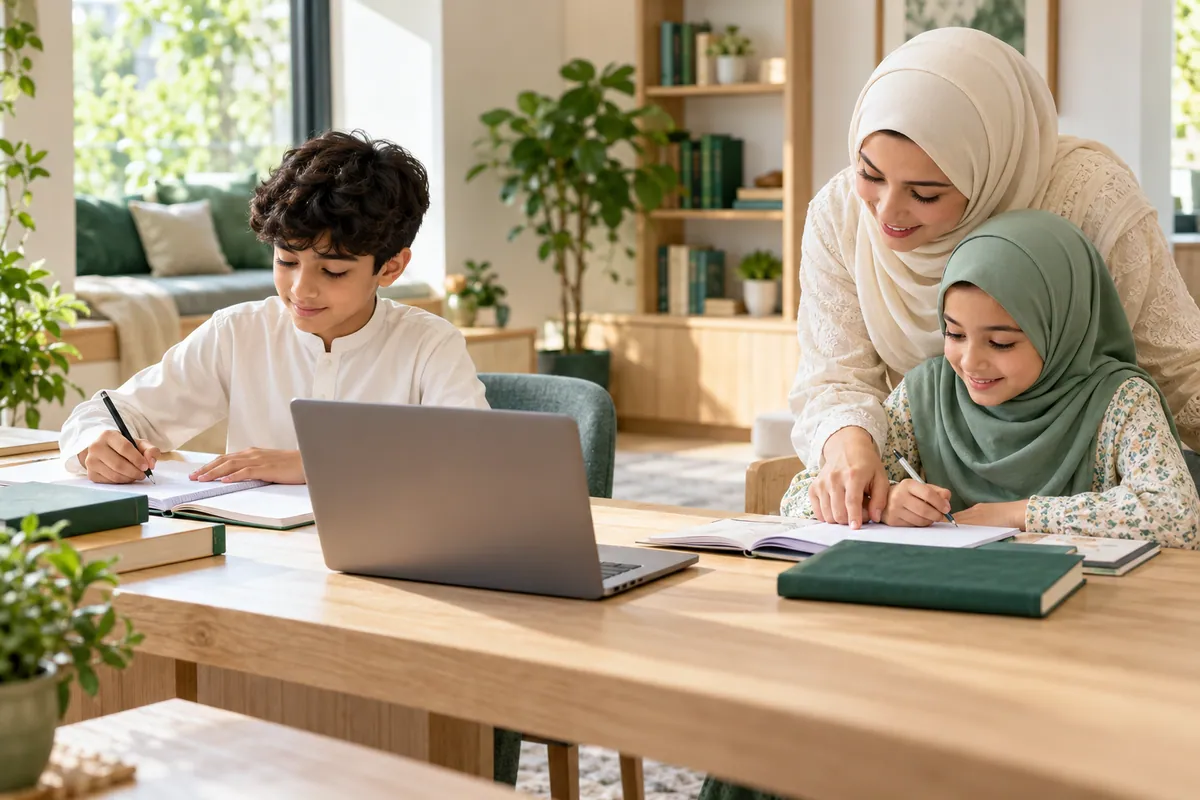 Two siblings using separate study spaces with a parent helping the younger learner