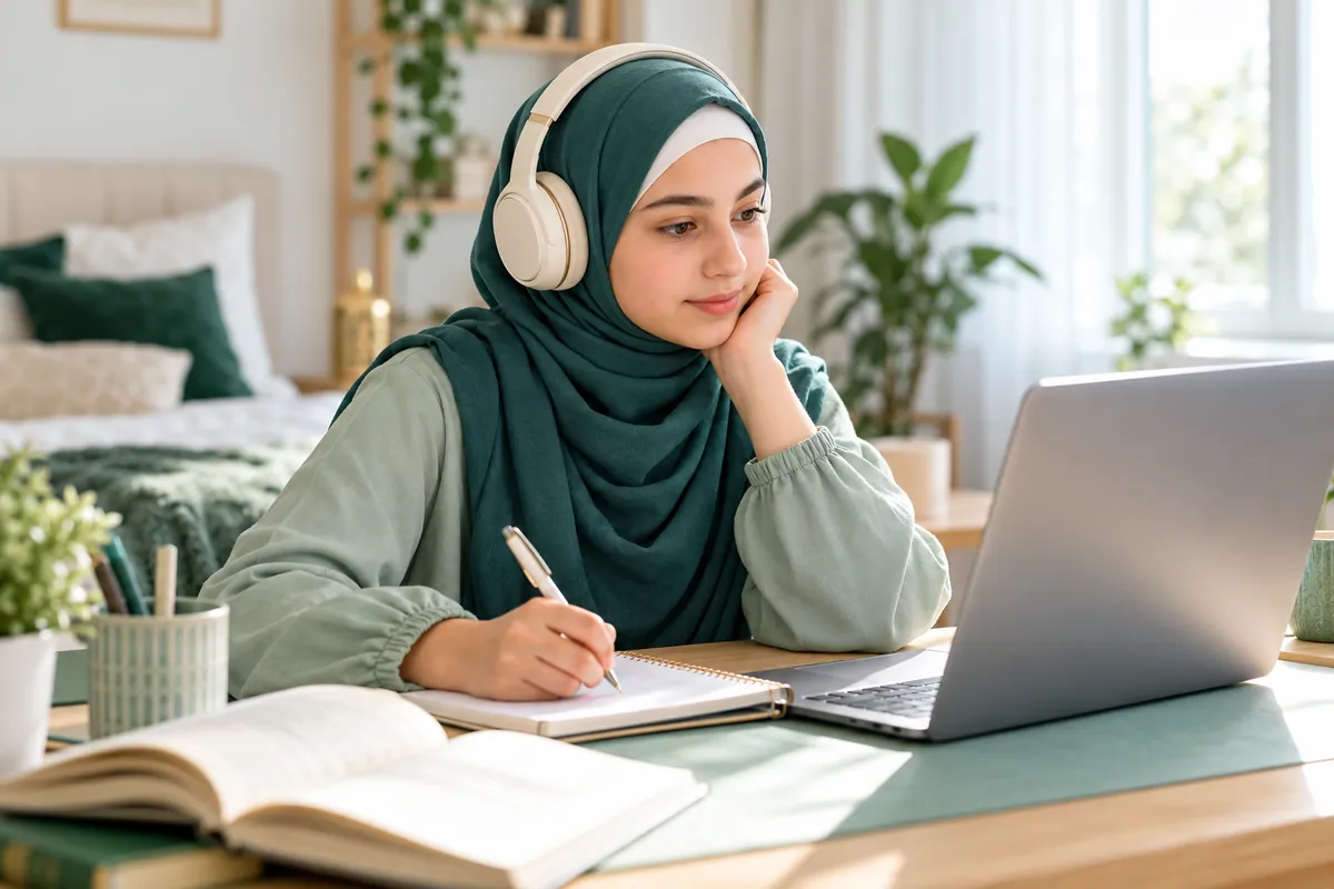 Teenage learner listening to feedback on headphones and taking notes beside a laptop