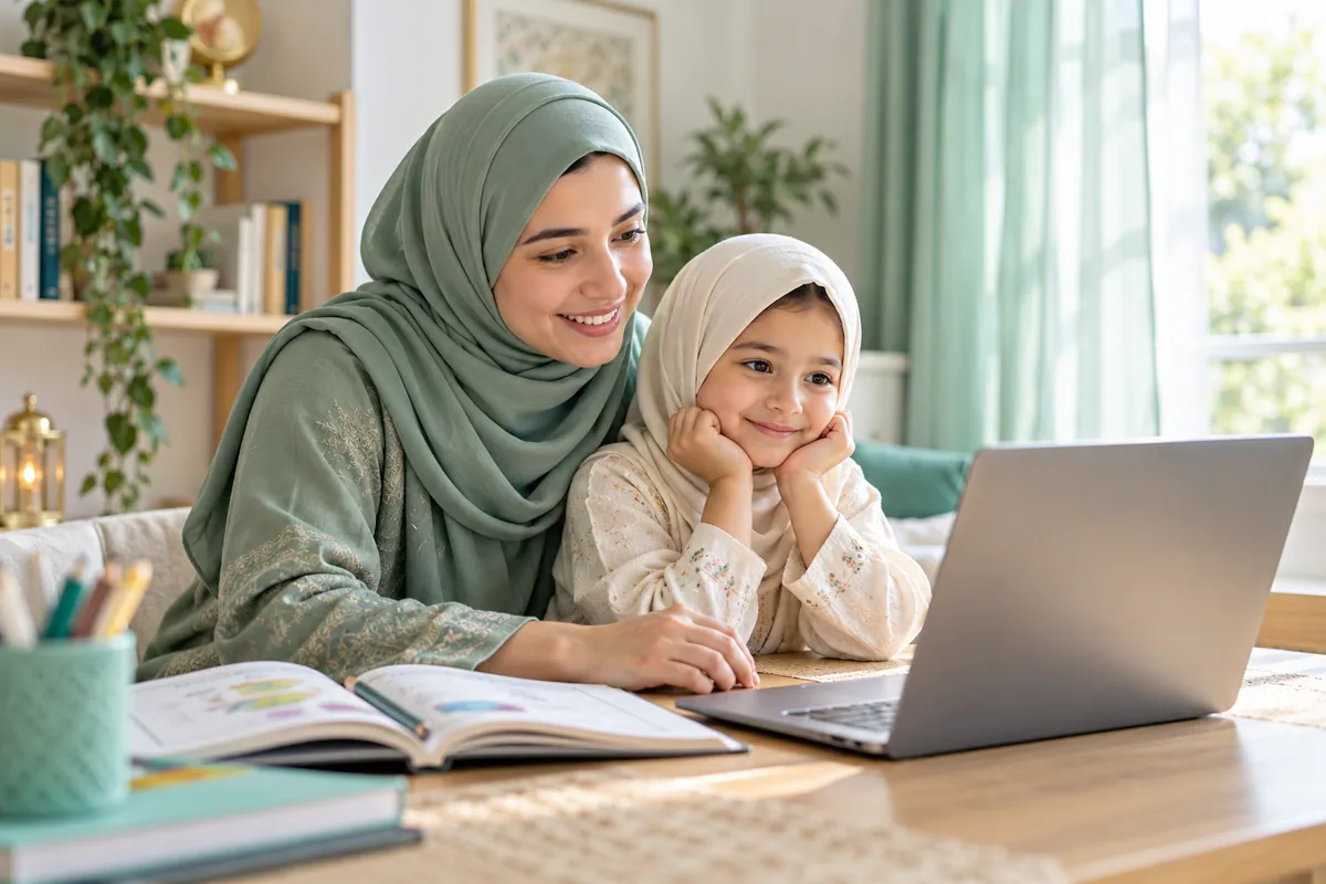 Mother and child greeting an online teacher on a laptop at the start of a lesson