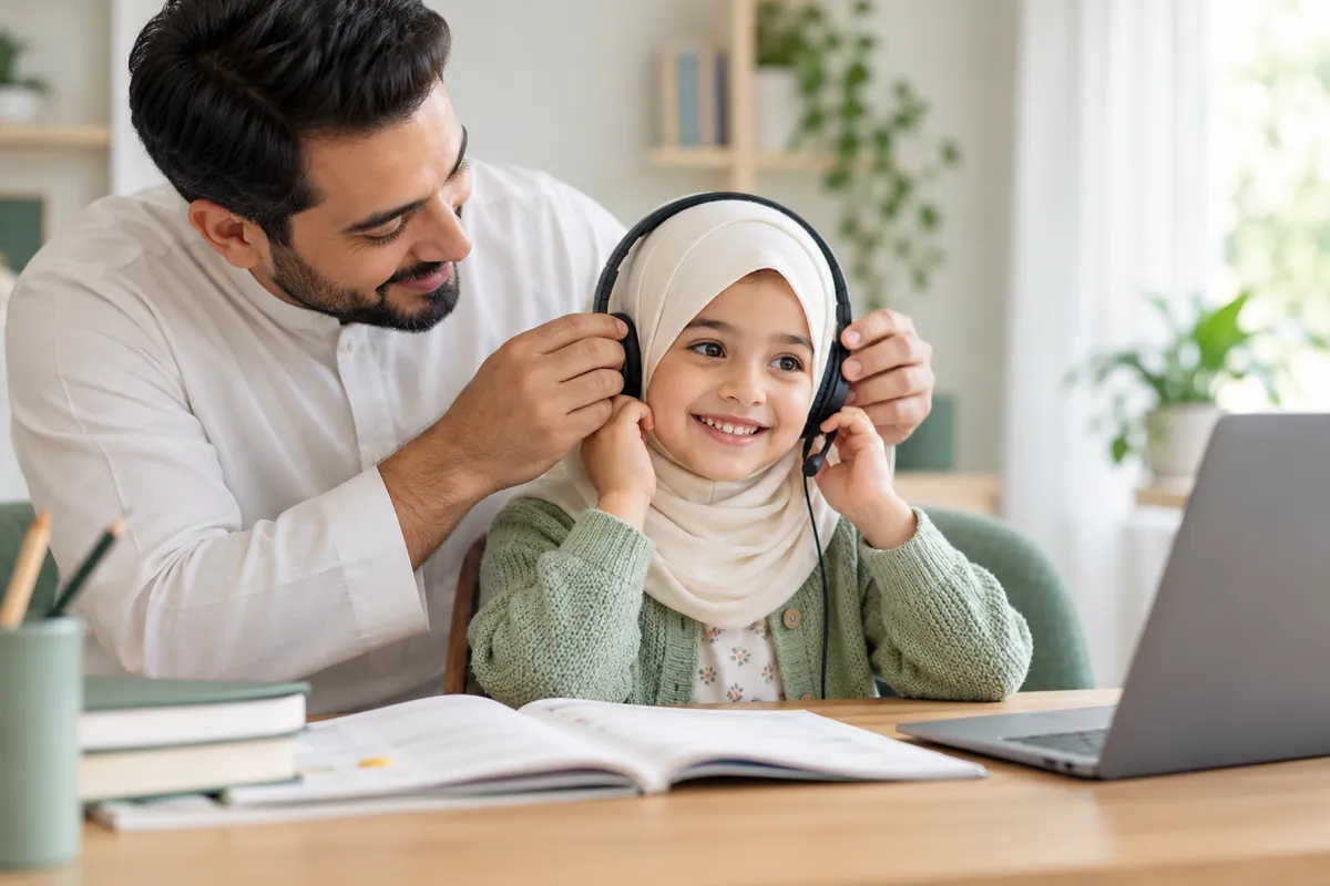 Father helping his daughter adjust her headset before an online lesson