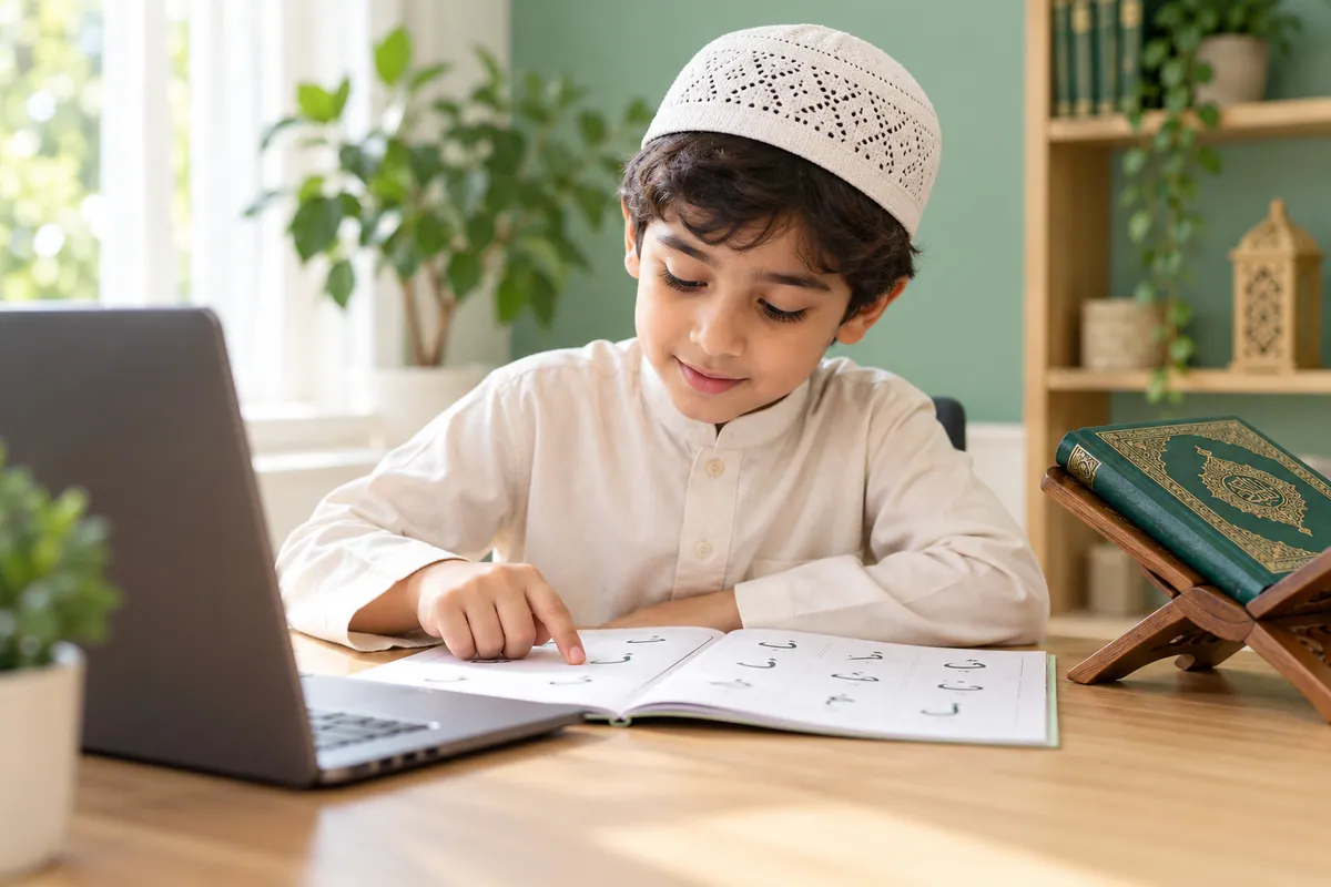 Child following beginner letters in a workbook beside a closed book on a wooden stand