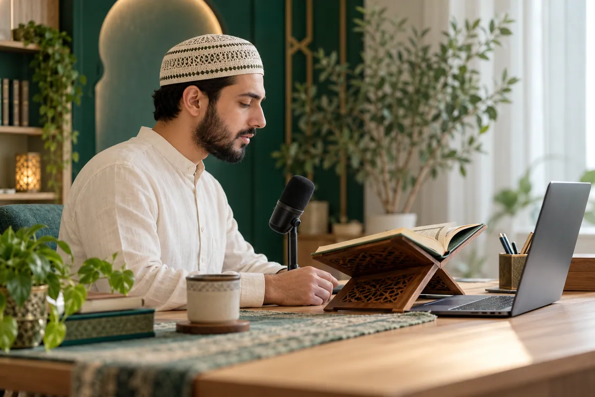 Adult learner practising recitation beside a desktop microphone and an open book