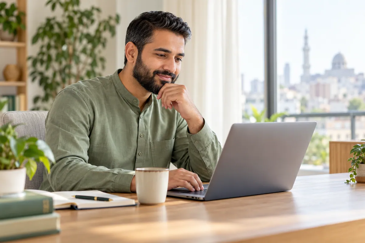 Parent reviewing online lesson options with a laptop and a checklist at a home desk