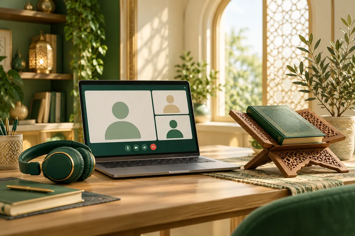 Illustration of an online learning desk with a laptop, headset and closed book on a wooden reading stand