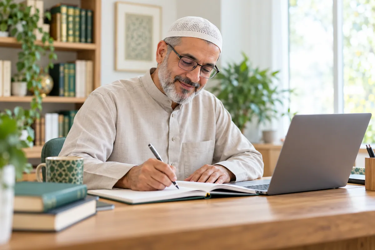 Mature learner wearing reading glasses studying a beginner workbook beside a laptop