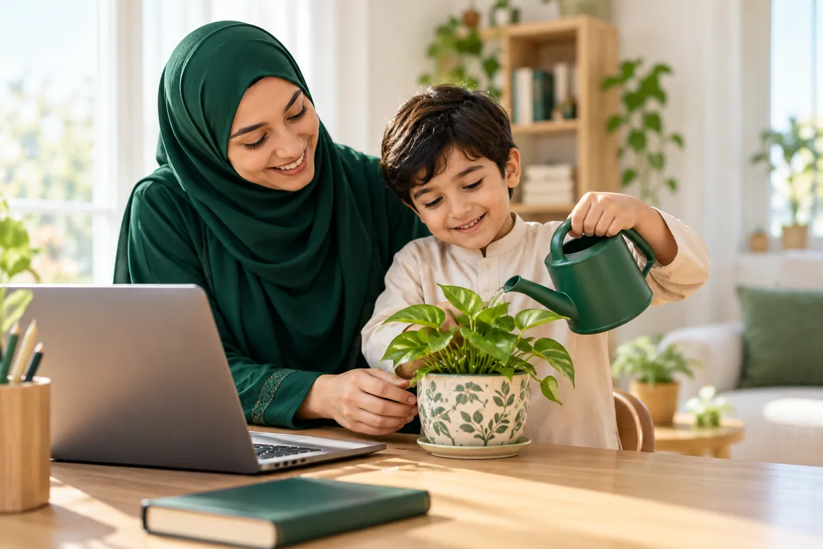 Mother and young son watering a small indoor plant together as a lesson in kindness