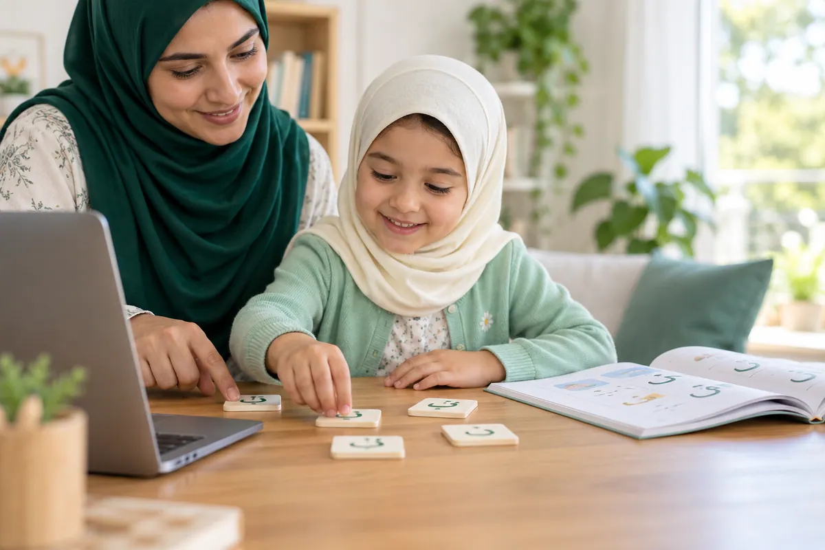 Young girl arranging beginner alphabet pieces beside a workbook with her mother nearby