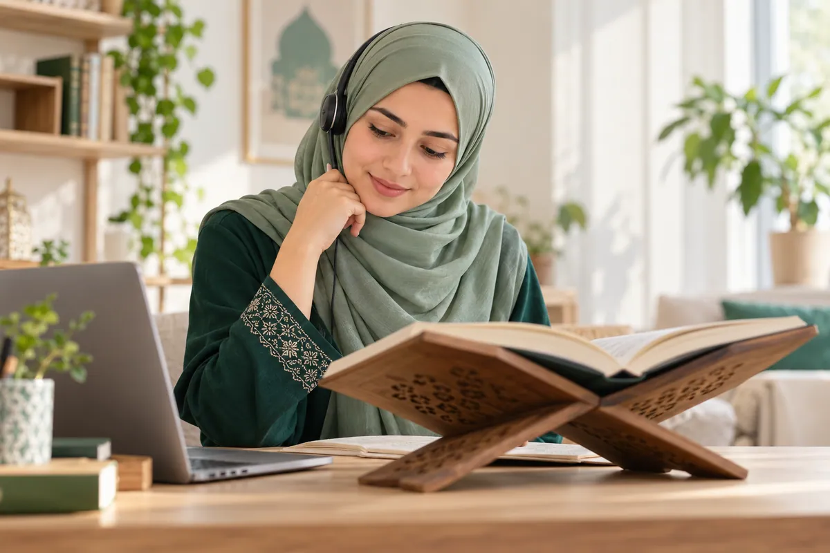 Adult learner listening carefully during a recitation lesson with a book stand and microphone