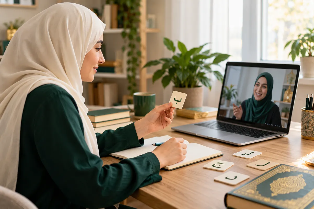 An adult woman practising Arabic vocabulary with a notebook during a live online lesson