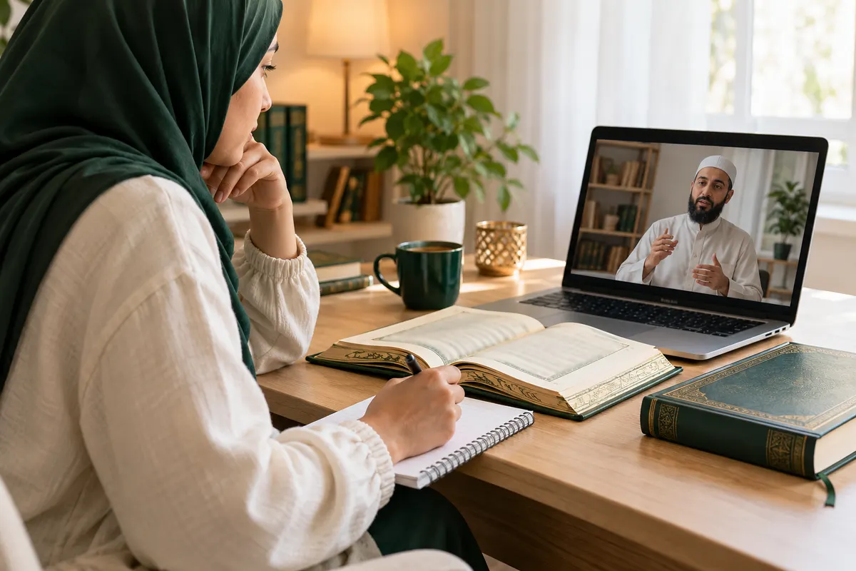 An adult learner comparing study books and notes during an online Quran translation lesson