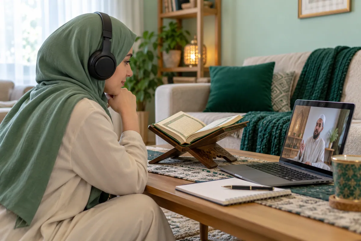 An adult woman in a sage hijab listening carefully to a Quran recitation lesson through headphones in a calm home study with Quran learning materials