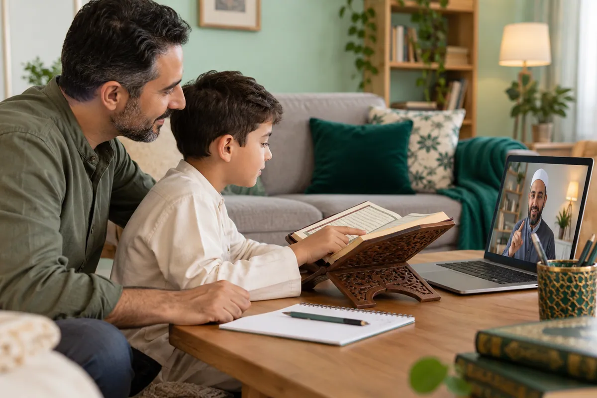 A father in modest casual clothes helping his 10-year-old son practise Quran reading with an online tutor in a calm home study with Quran learning materials
