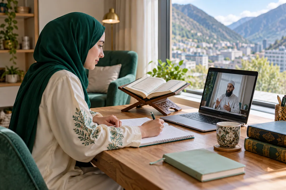 A young adult learner in modest clothes taking Arabic vocabulary notes beside a laptop in a calm home study with Quran learning materials