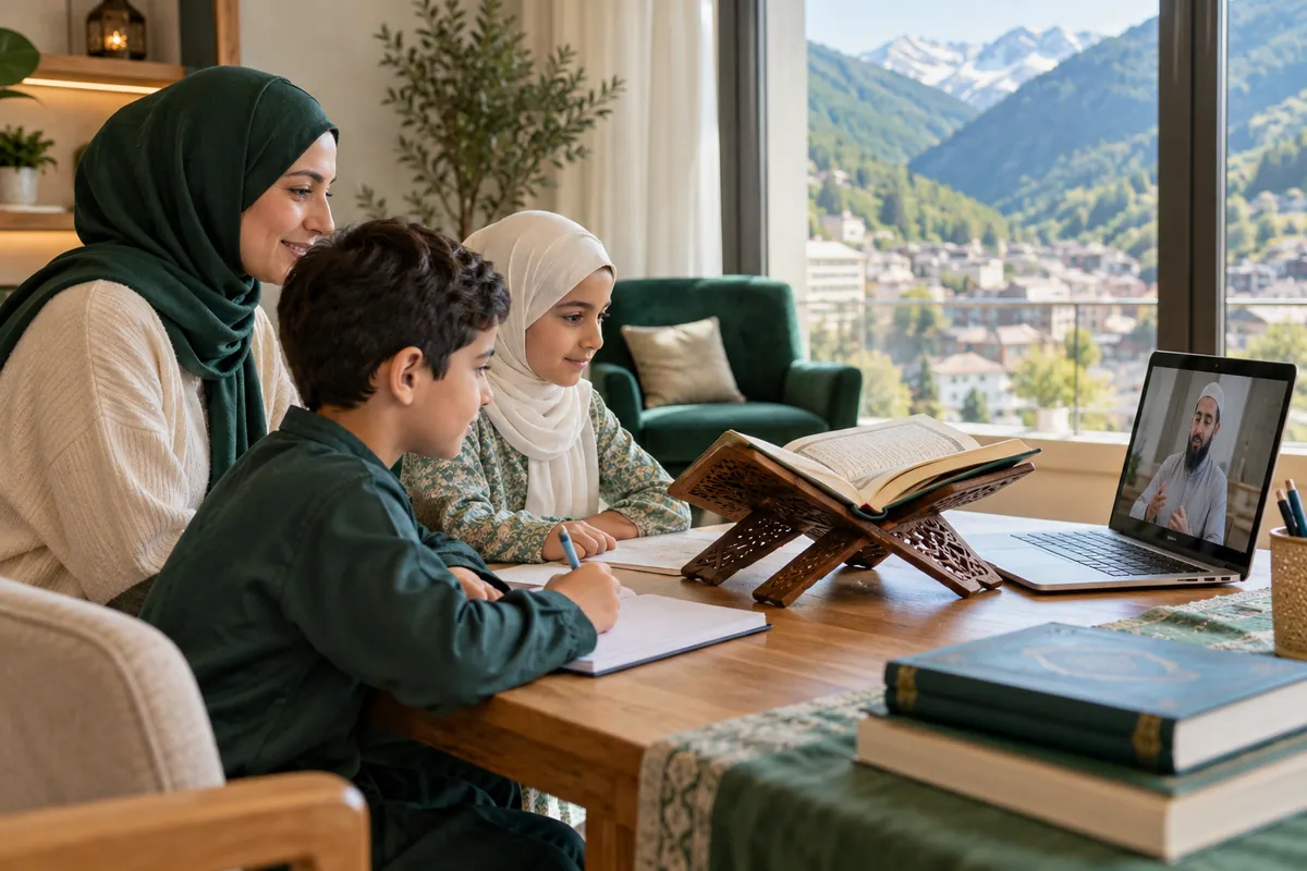 A mother and two school-age siblings sharing a short Quran practice routine before separate online lessons in a calm home study with Quran learning materials