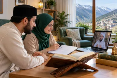 A Muslim couple comparing a practice notebook with an online teacher during a family learning conversation in a calm home study with Quran learning materials