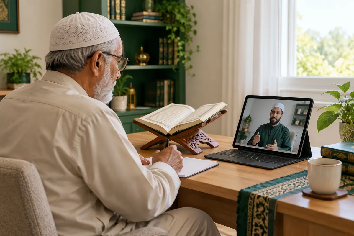 An older adult learner in glasses studying a Quran reading lesson on a large tablet in a calm home study with Quran learning materials