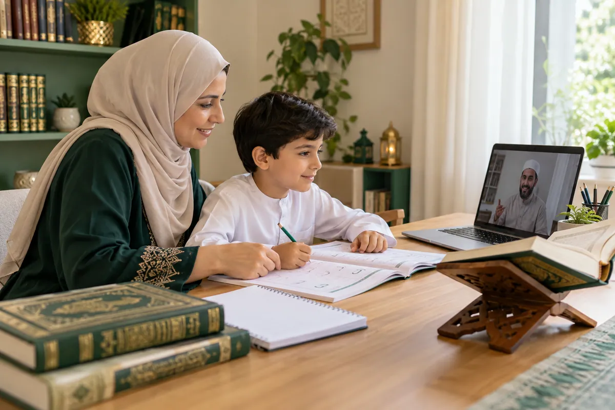 A mother and her 8-year-old son preparing an Arabic beginner workbook for a live Quran lesson in a calm home study with Quran learning materials
