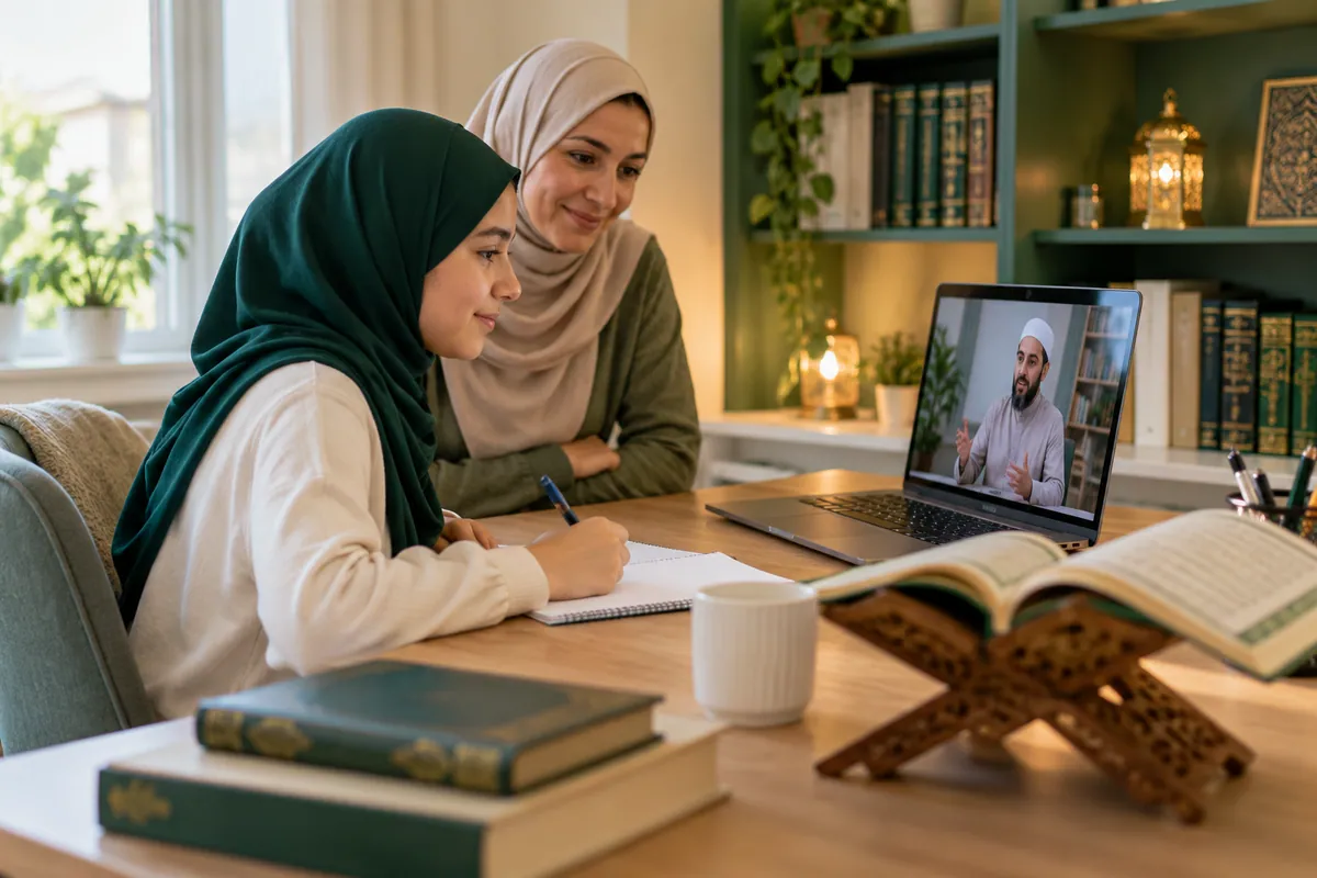A parent sitting nearby while a teenage girl follows an online Tajweed lesson in a calm home study with Quran learning materials