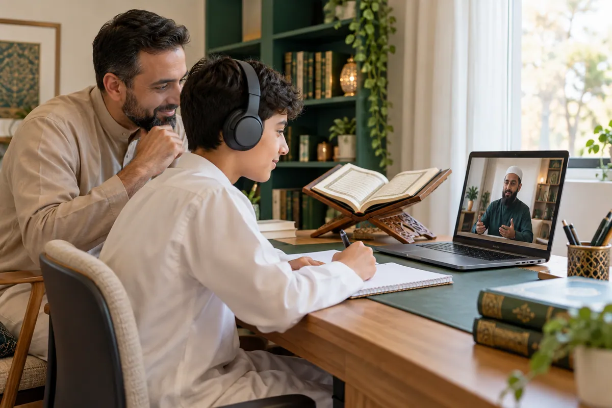 A teenage boy wearing headphones, with a parent nearby, following a teacher on a laptop in a calm home study with Quran learning materials