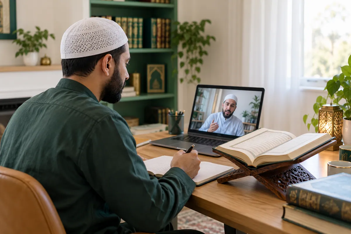 An adult Muslim man revising a short Quran passage during a calm one-to-one video lesson in a calm home study with Quran learning materials