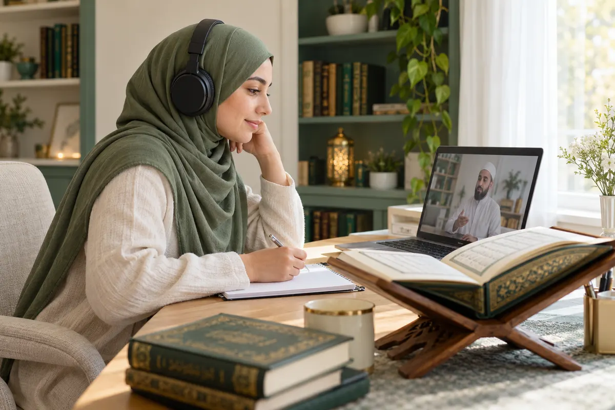 An adult woman in a sage hijab listening carefully to a Quran recitation lesson through headphones in a calm home study with Quran learning materials