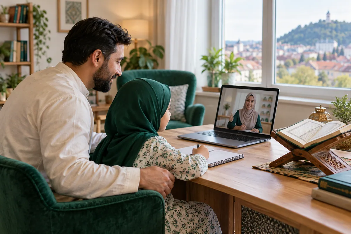 A father and daughter calmly reviewing their online Quran lesson at a small study table in a calm home study with Quran learning materials