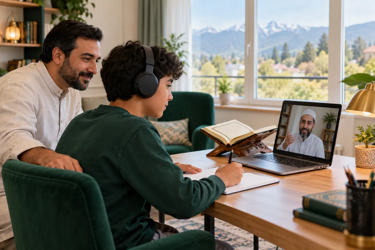 A teenage boy wearing headphones, with a parent nearby, following a teacher on a laptop in a calm home study with Quran learning materials