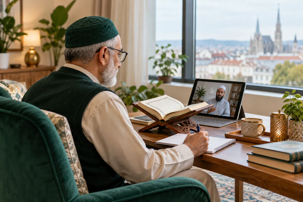 An older adult learner in glasses studying a Quran reading lesson on a large tablet in a calm home study with Quran learning materials