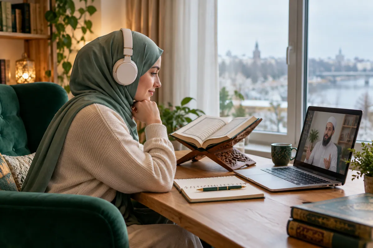 An adult woman in a sage hijab listening carefully to a Quran recitation lesson through headphones in a calm home study with Quran learning materials