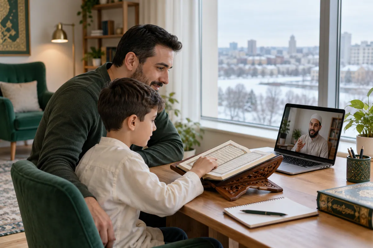 A father in modest casual clothes helping his 10-year-old son practise Quran reading with an online tutor in a calm home study with Quran learning materials