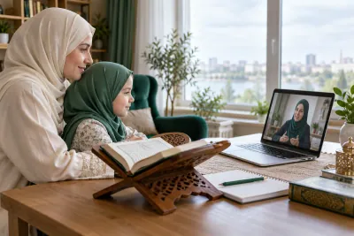 A mother in an ivory hijab and her young daughter, both attentive to a female teacher on a laptop in a calm home study with Quran learning materials