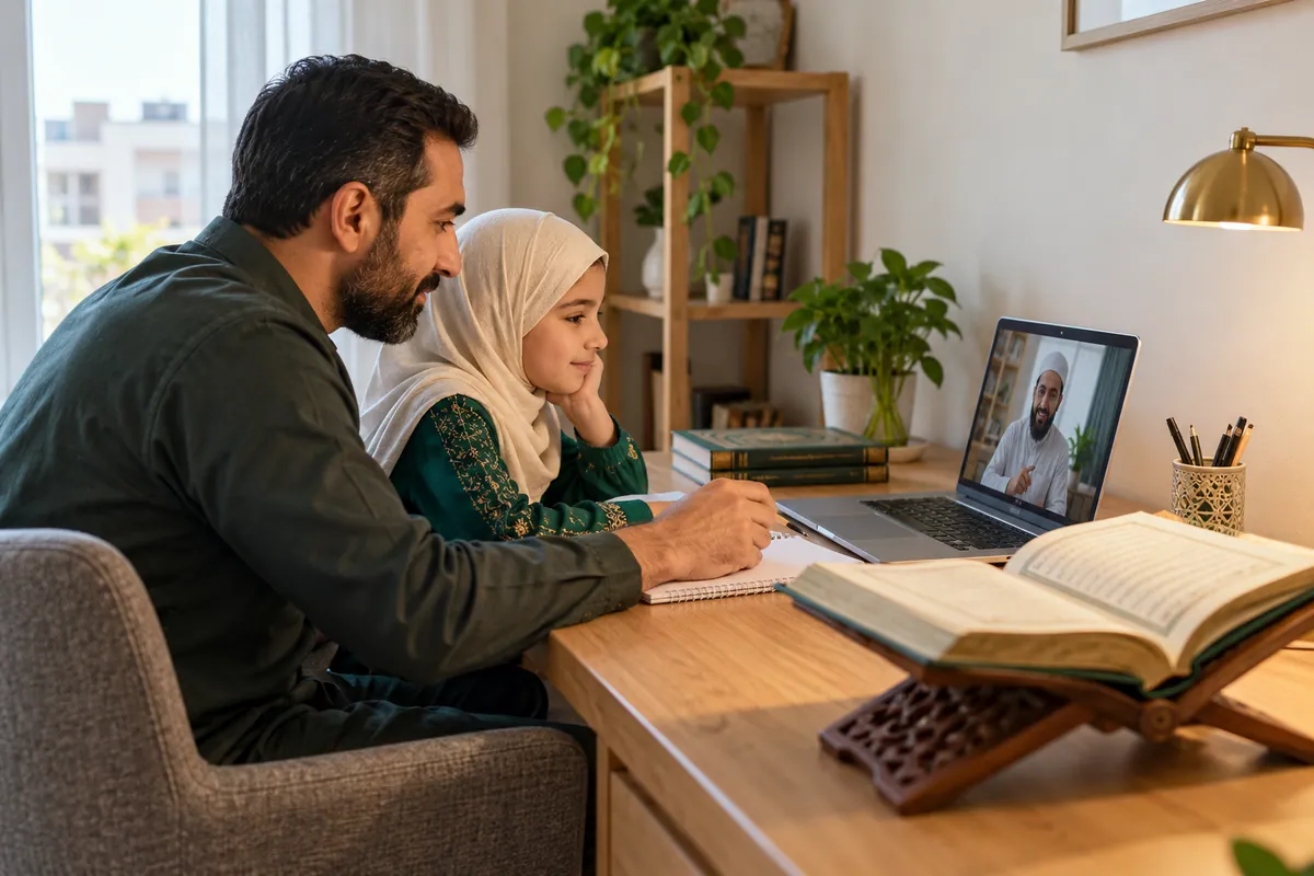 A father and daughter calmly reviewing their online Quran lesson at a small study table in a calm home study with Quran learning materials