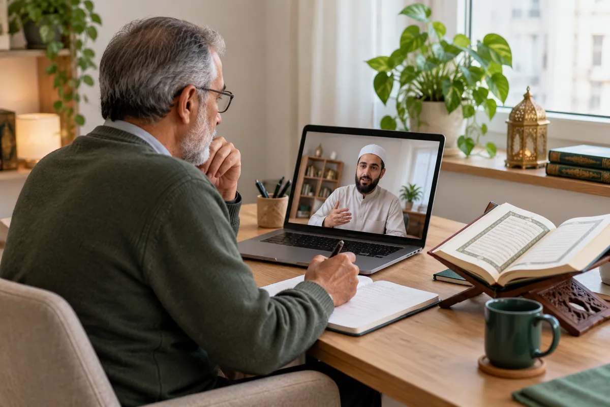 An older adult learner in glasses studying a Quran reading lesson on a large tablet in a calm home study with Quran learning materials