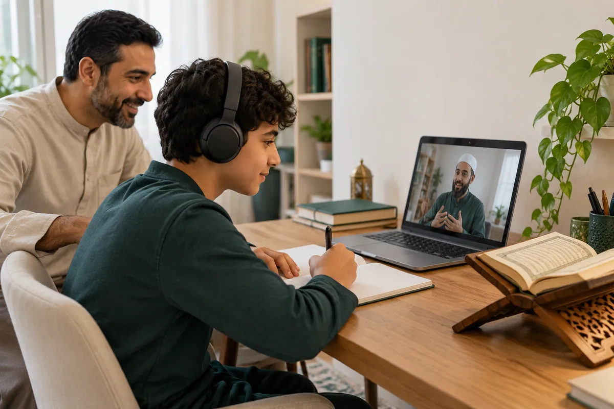 A teenage boy wearing headphones, with a parent nearby, following a teacher on a laptop in a calm home study with Quran learning materials