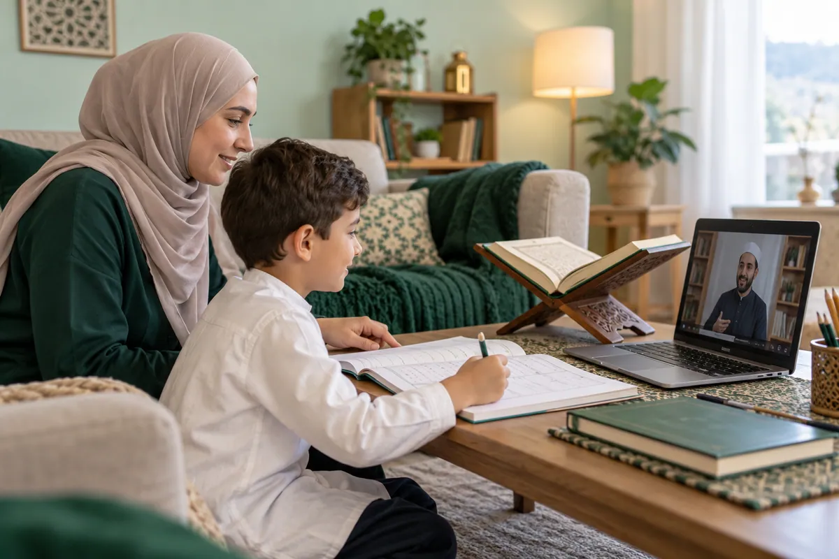 A mother and her 8-year-old son preparing an Arabic beginner workbook for a live Quran lesson in a calm home study with Quran learning materials